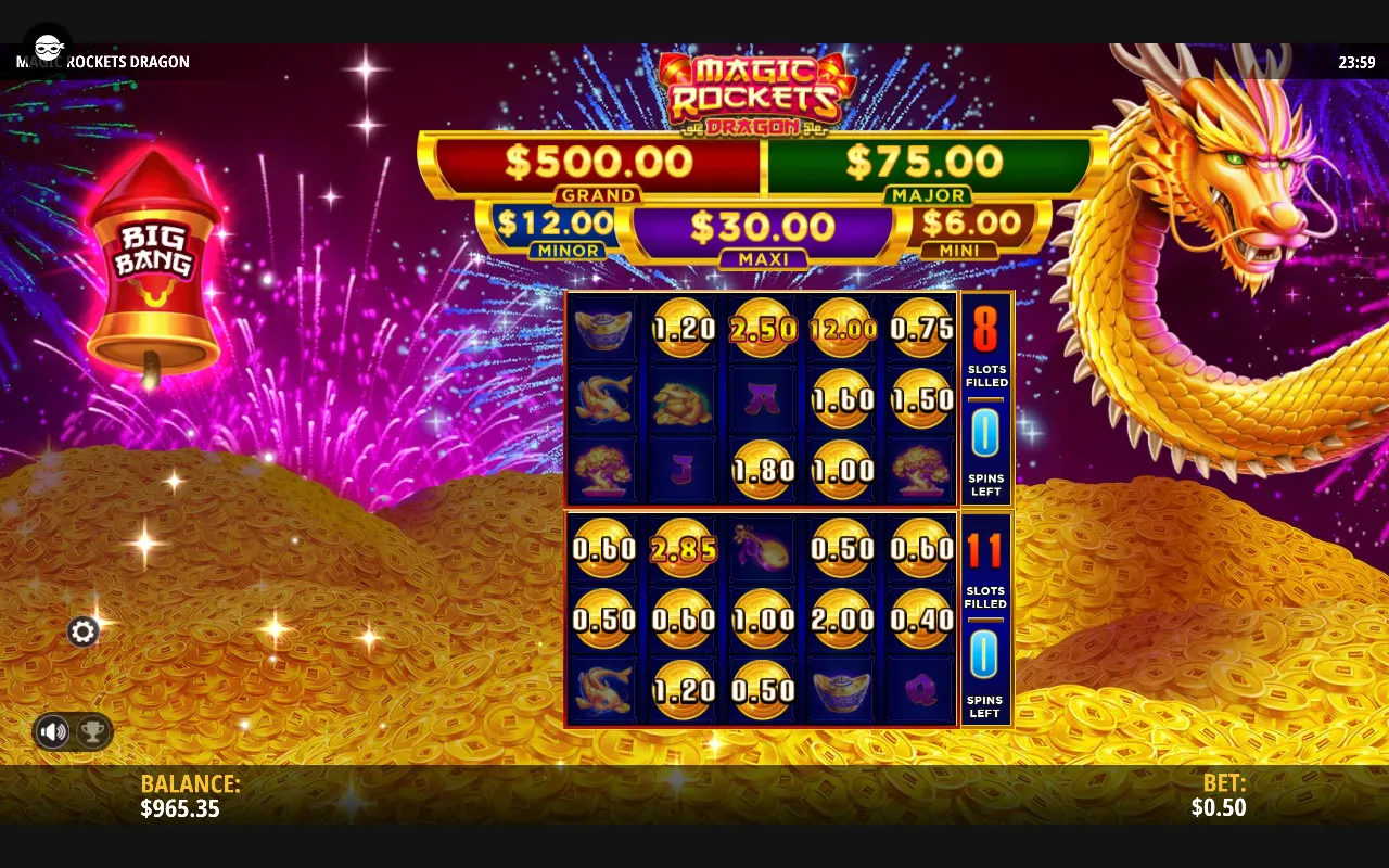 Two stacked Magic Rockets Dragon bonus grids filling with cash coins, each with its own slots-filled counter and spin counter