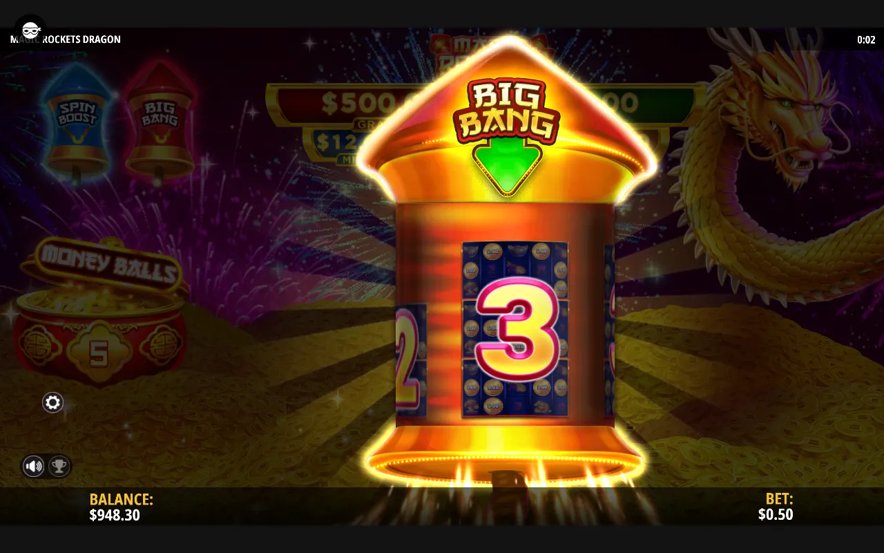 The Big Bang rocket opening to reveal the number three, setting the bonus round to run across three boards