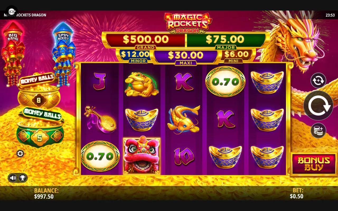 Two money balls on the Magic Rockets Dragon reels with no collect symbol, and the green and gold pots showing their tallies beside the grid