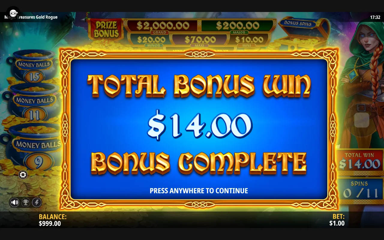 The end of the same Bonus Spins round, the spin counter reading eleven and two pot counters raised