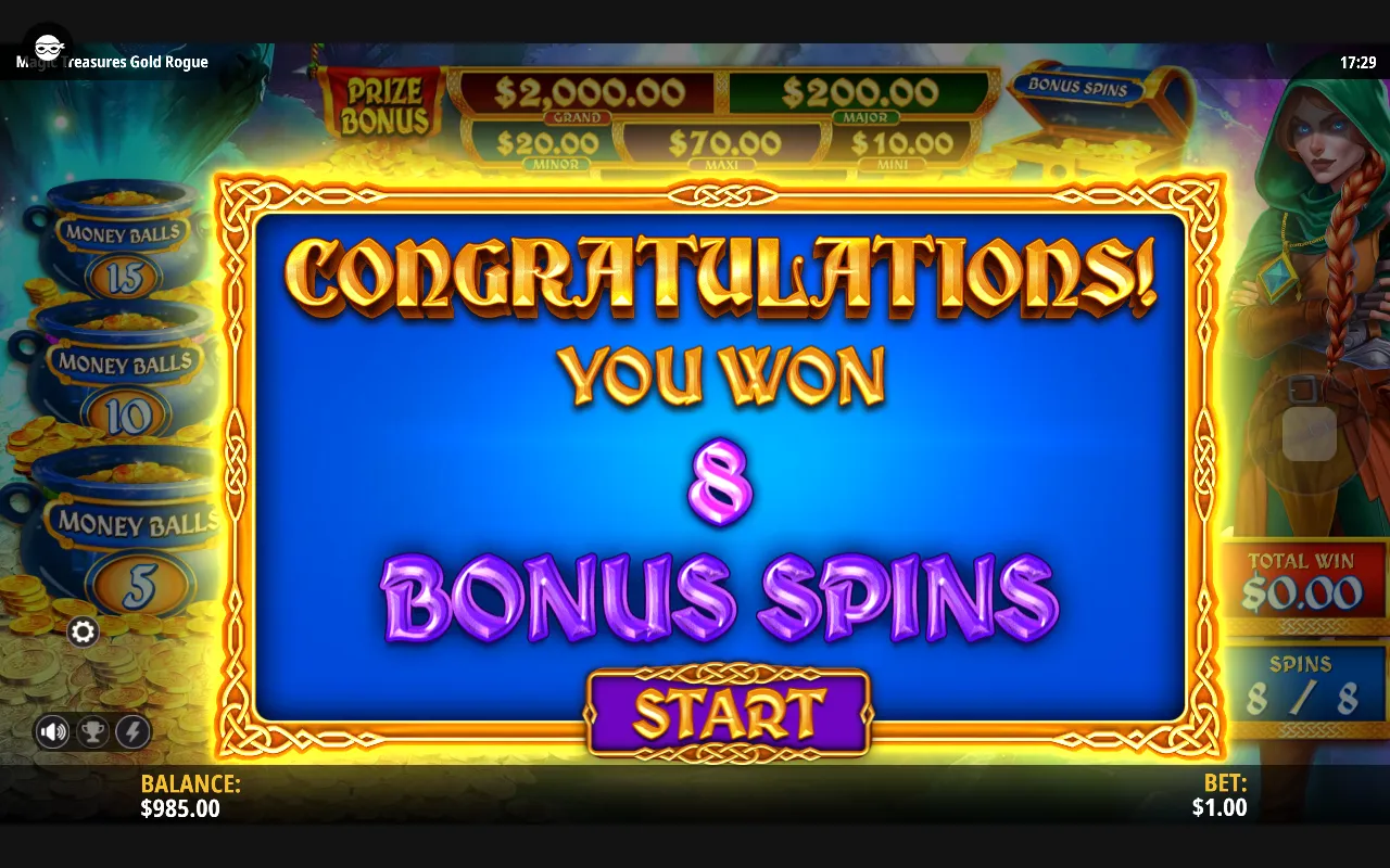 The Bonus Spins award screen showing eight spins, with the three money pots at fifteen, ten and five