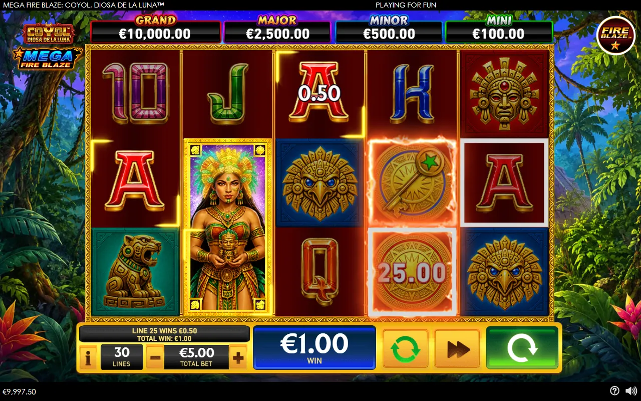 Mega Fire Blaze Coyol base game with wild stack and a 25x coin landed