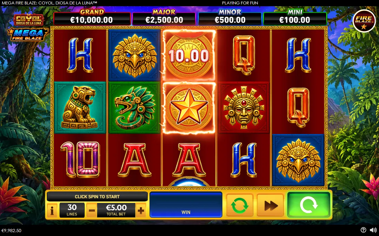 Dead spin on the Mega Fire Blaze Coyol 5x3 grid with a coin and a prize star