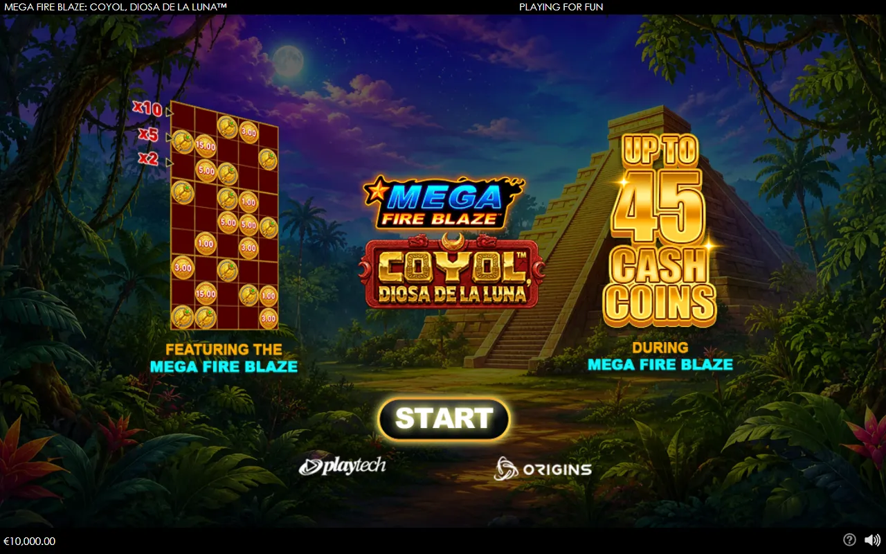 Mega Fire Blaze Coyol splash screen with expanding grid diagram and 45 cash coins promise