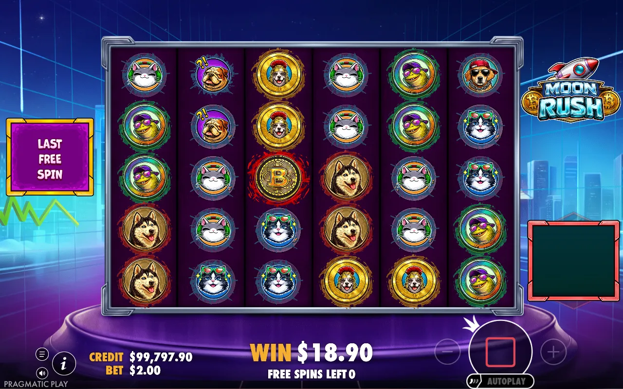Last free spin of Moon Rush with the round total on the six-by-five coin grid