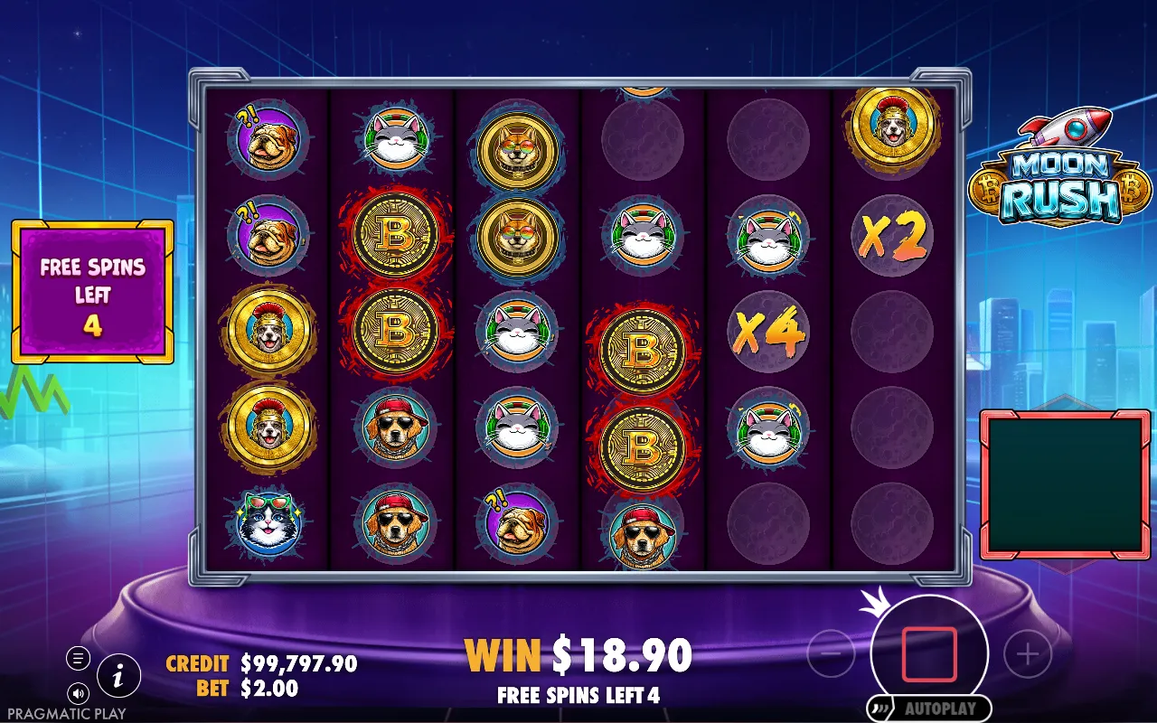 x2 and x4 moon multiplier marks held on Moon Rush grid cells during free spins