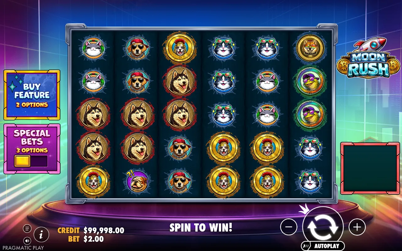 Moon Rush 6x5 grid of crypto coin symbols with no winning count