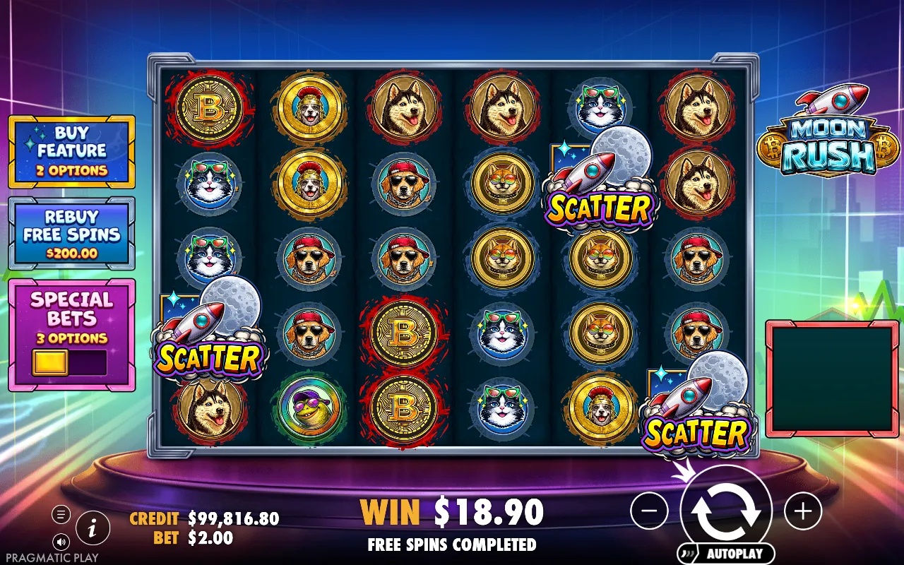Moon Rush base game offering a rebuy of free spins right after a bonus round