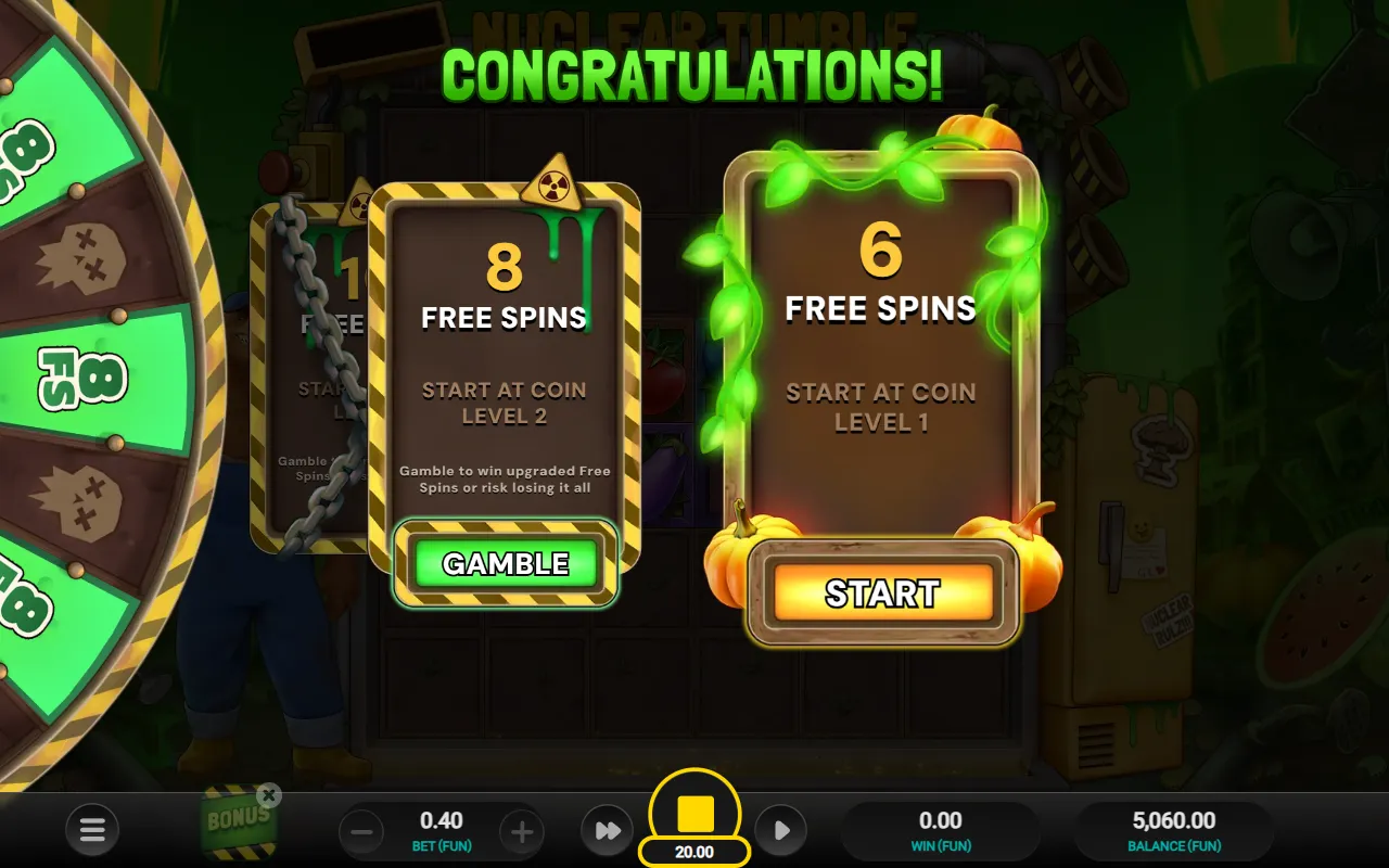 The Nuclear Tumble free spins choice screen offering six spins at coin level one or a gamble for eight spins at level two