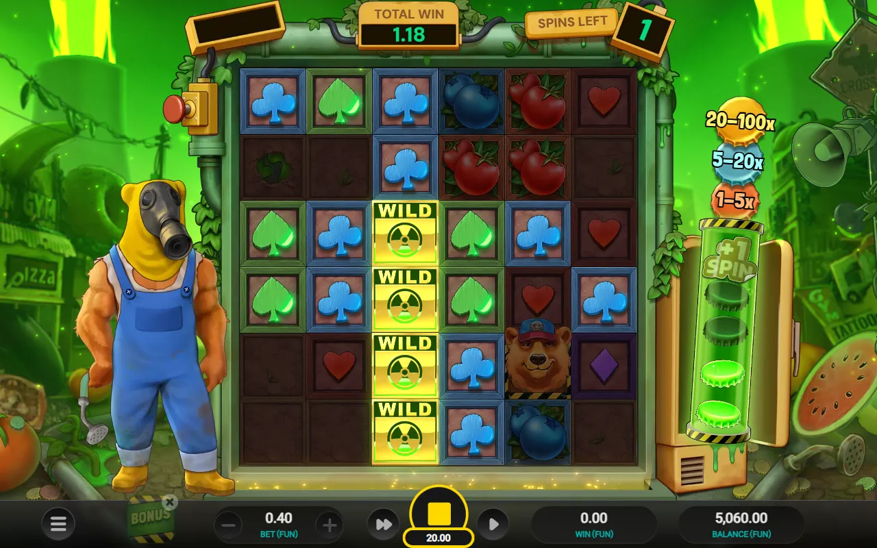 A full column of Wild symbols during Nuclear Tumble free spins, with the coin value ladder showing to the right of the grid