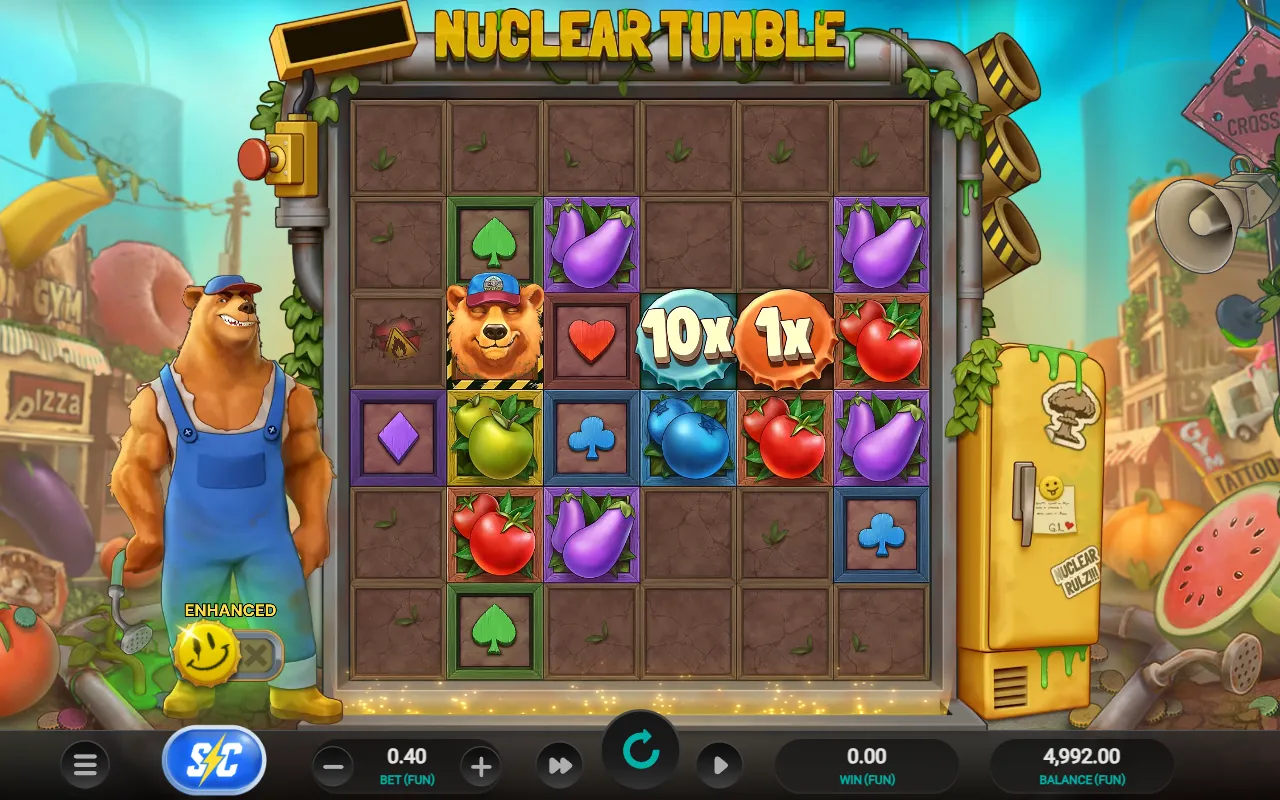 Two Nuclear Tumble cash coins sitting on the third row of the grid with unbroken stone blocks beneath them