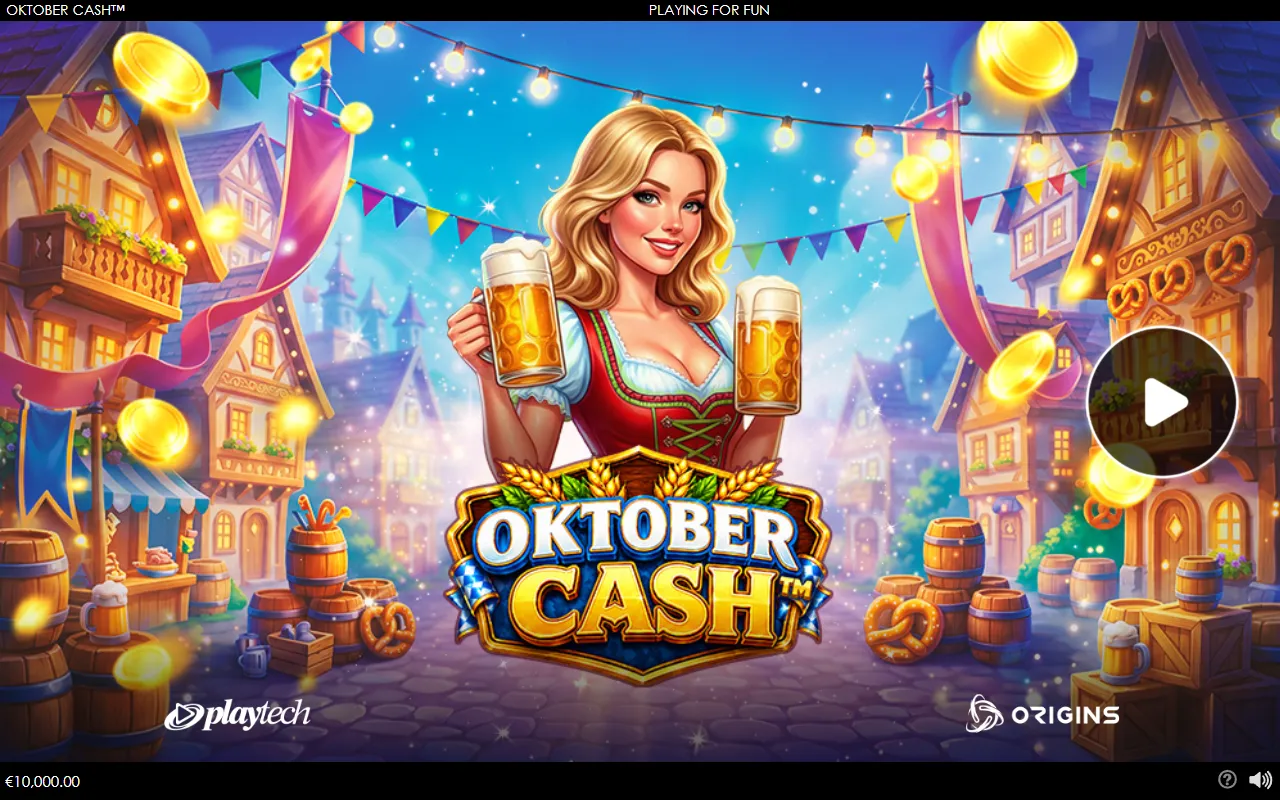 Oktober Cash entry screen with the game logo and a Bavarian woman holding two beer steins