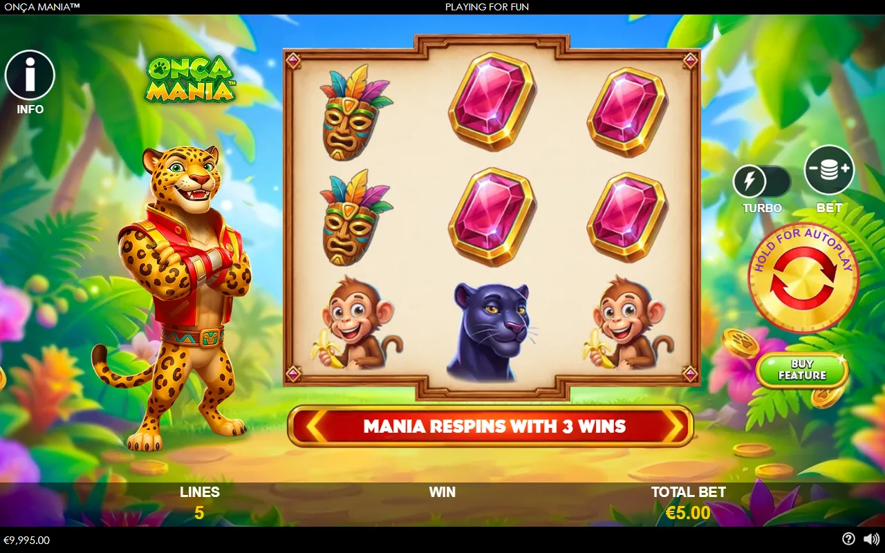 Onça Mania 3x3 reels of tiki masks, gems and a panther across five fixed paylines