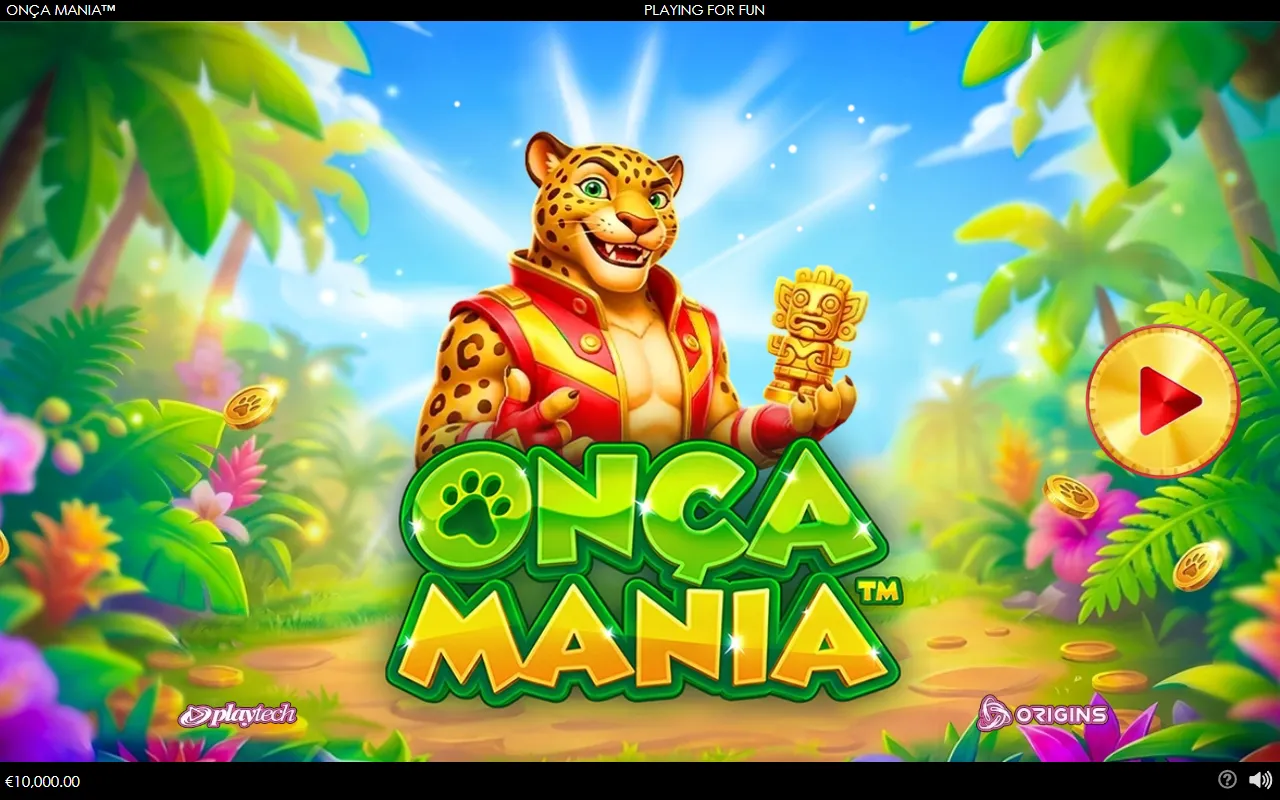 Onça Mania entry screen with the jaguar character holding a gold idol and the play arrow