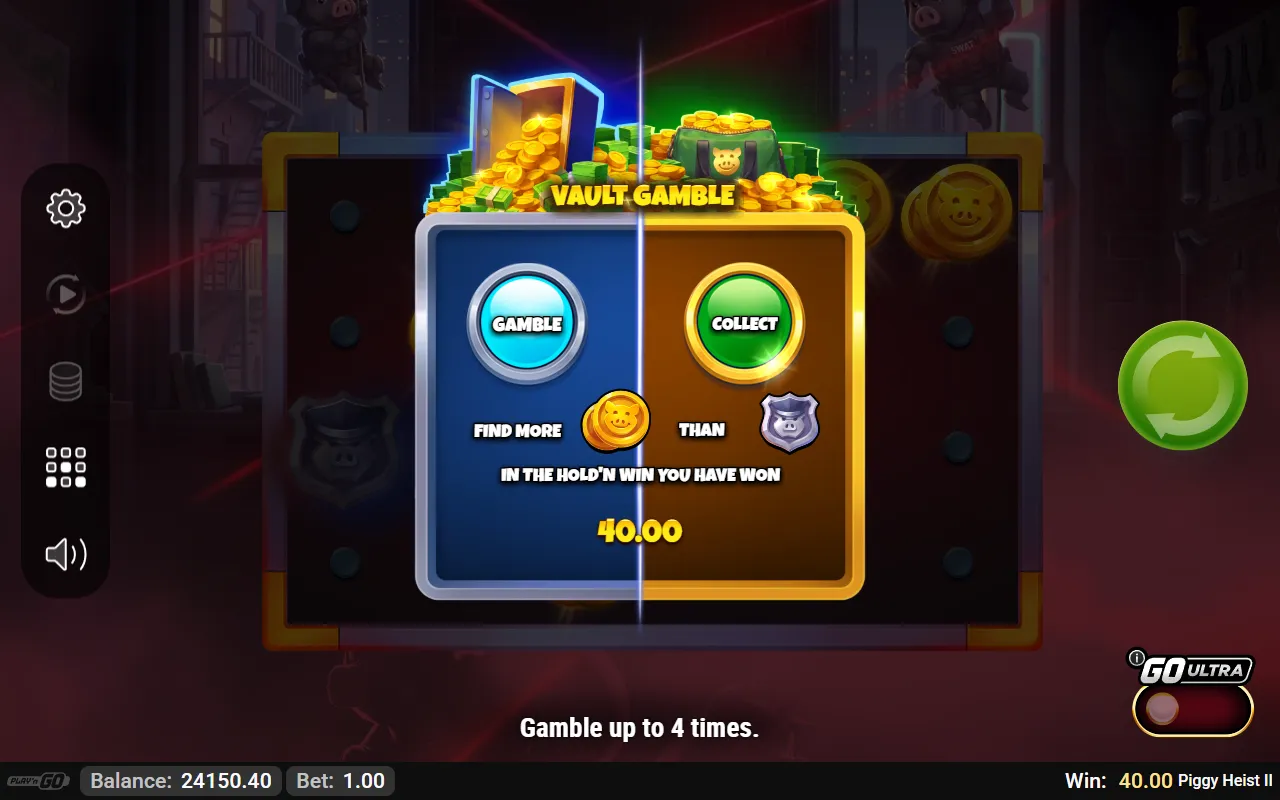 Piggy Heist II Vault Gamble panel after a won coin flip, the round total doubled
