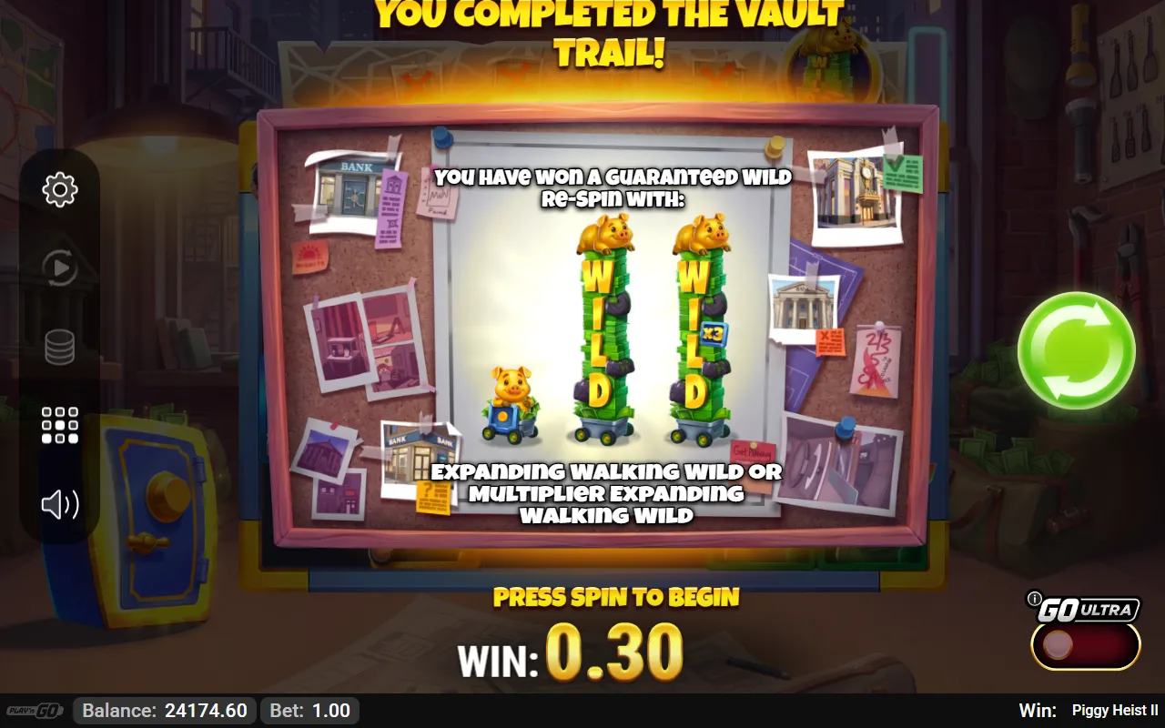 Piggy Heist II award card reading You Completed the Vault Trail, offering a guaranteed wild re-spin with an expanding walking wild