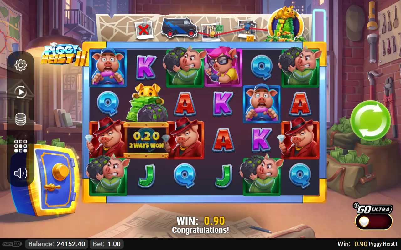 Piggy Heist II 6x4 grid showing a small base-game win with the Congratulations box lit