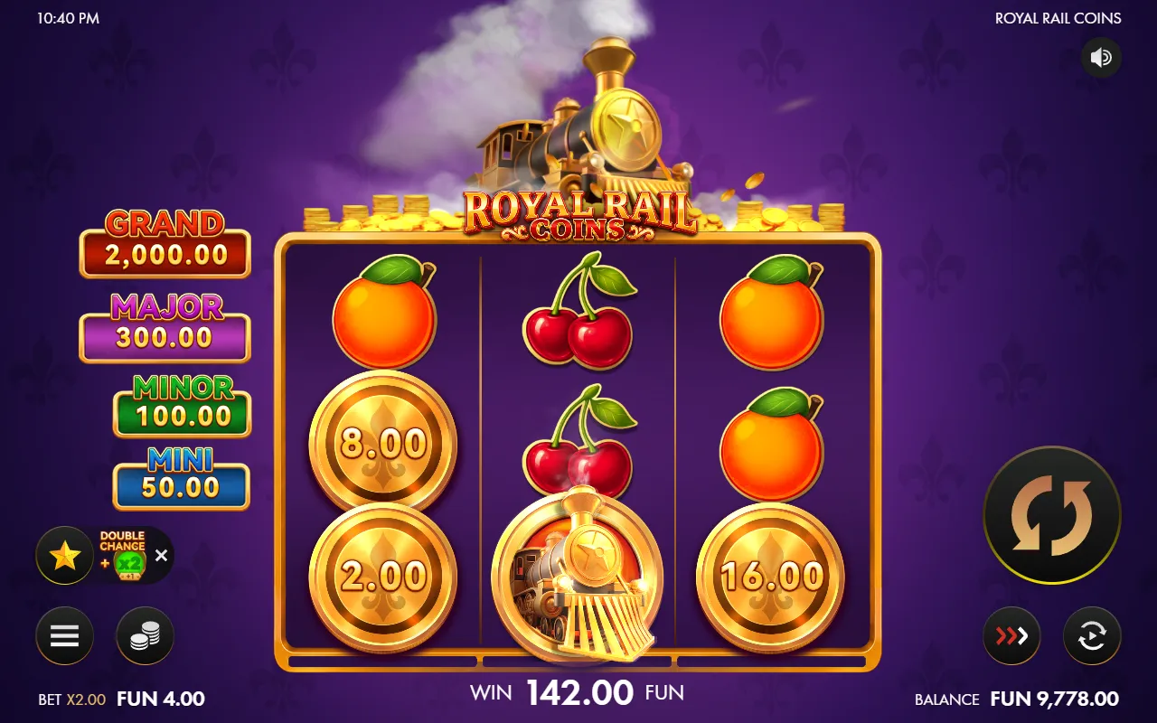 The Collector symbol sweeping two coins on the left reel and one on the right during a Royal Rail Coins bonus round