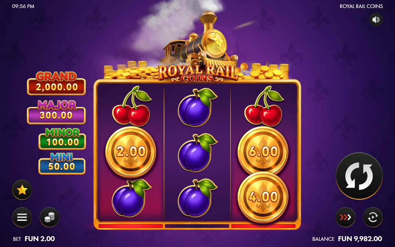 Royal Rail Coins base game with three gold coins on the outer reels and plums filling the middle reel