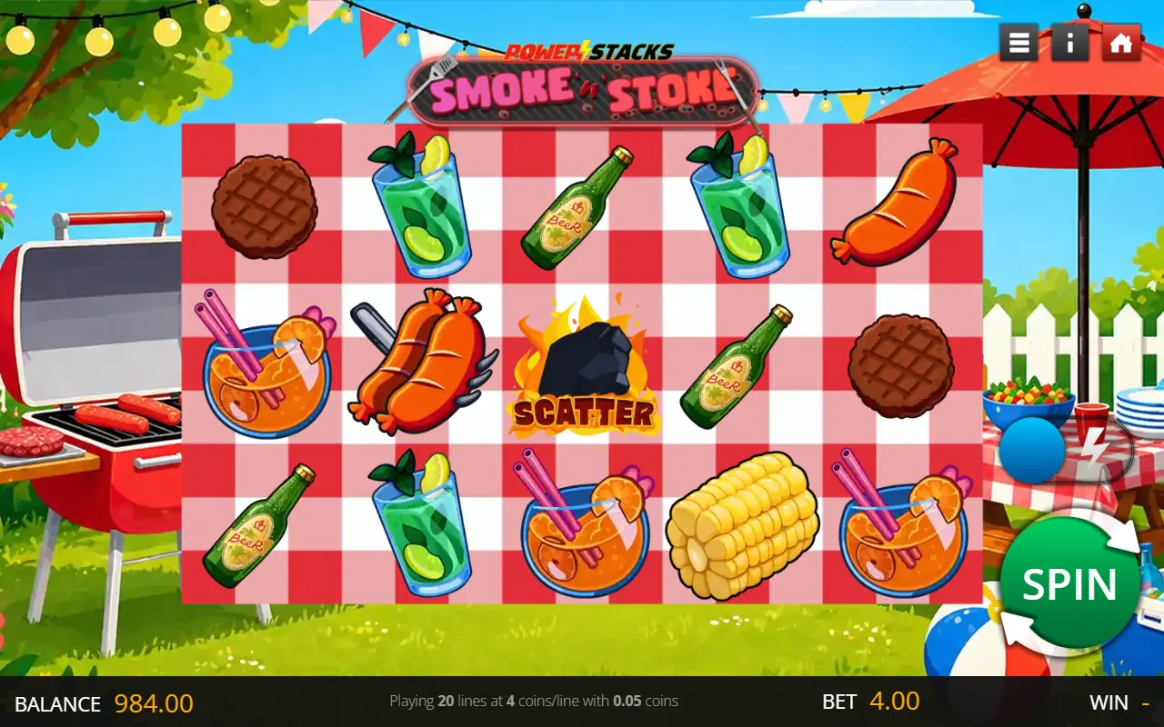 Smoke 'n' Stoke 5x3 board showing a burning coal scatter symbol and no winning line