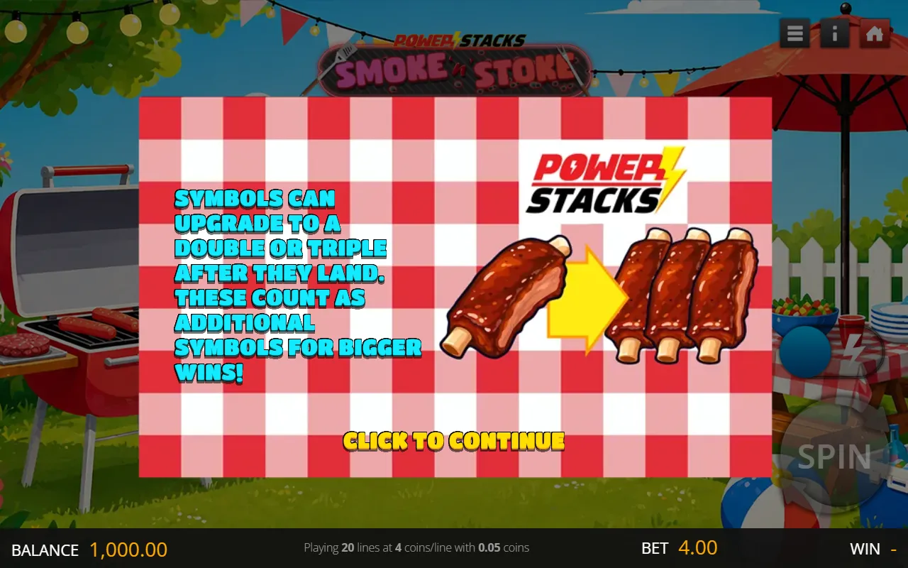 Smoke 'n' Stoke intro card explaining that symbols can upgrade to a double or triple after they land, shown over the backyard barbecue reels