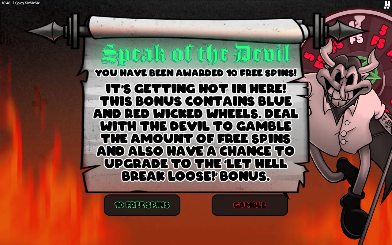 Spicy SixSixSix Deal with the Devil scroll offering to gamble ten free spins