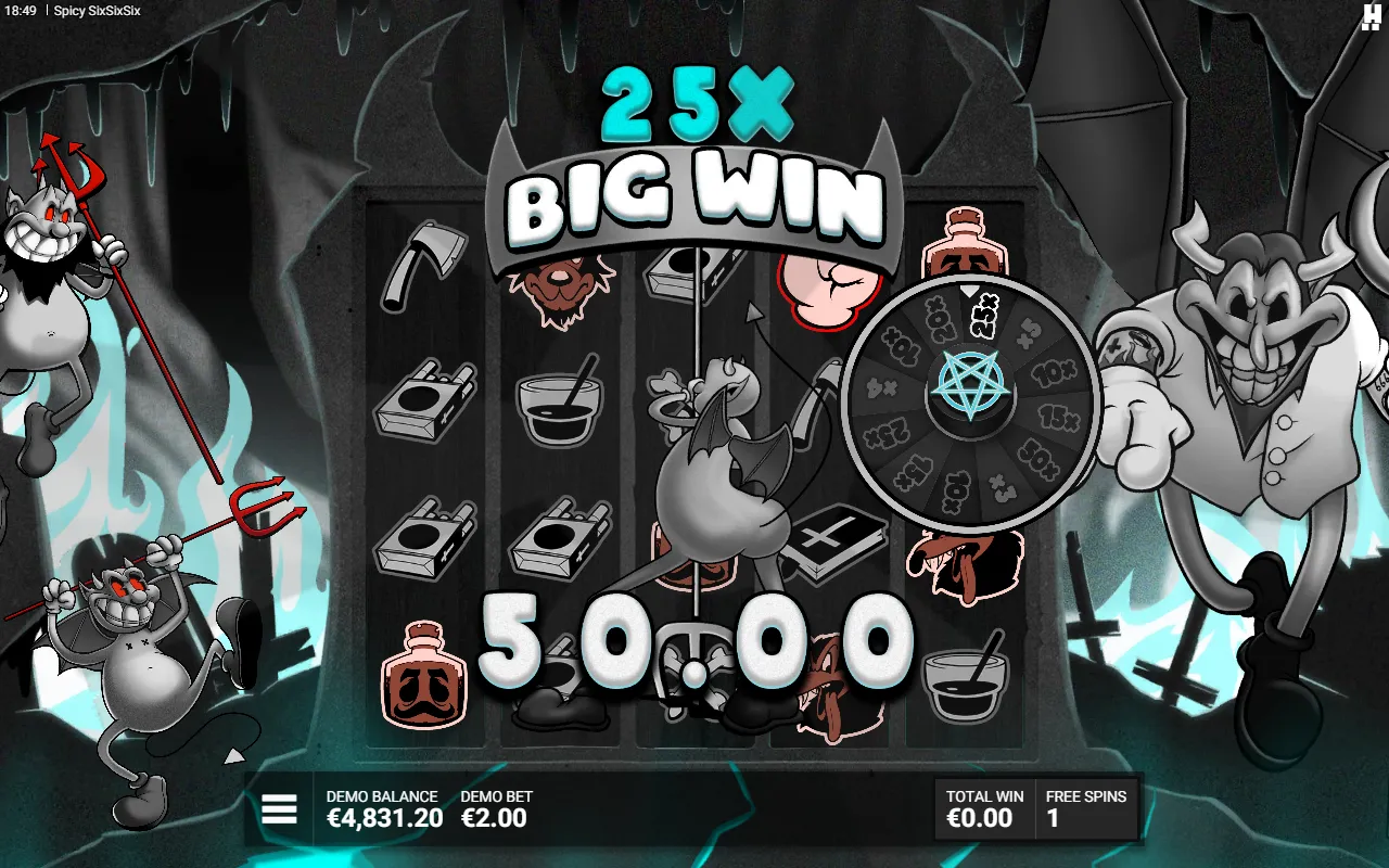 Spicy SixSixSix blue Wicked Wheel awarding 25x for a Big Win in the bonus