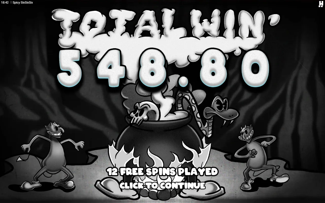 Spicy SixSixSix end-of-bonus card showing the total win over a cauldron