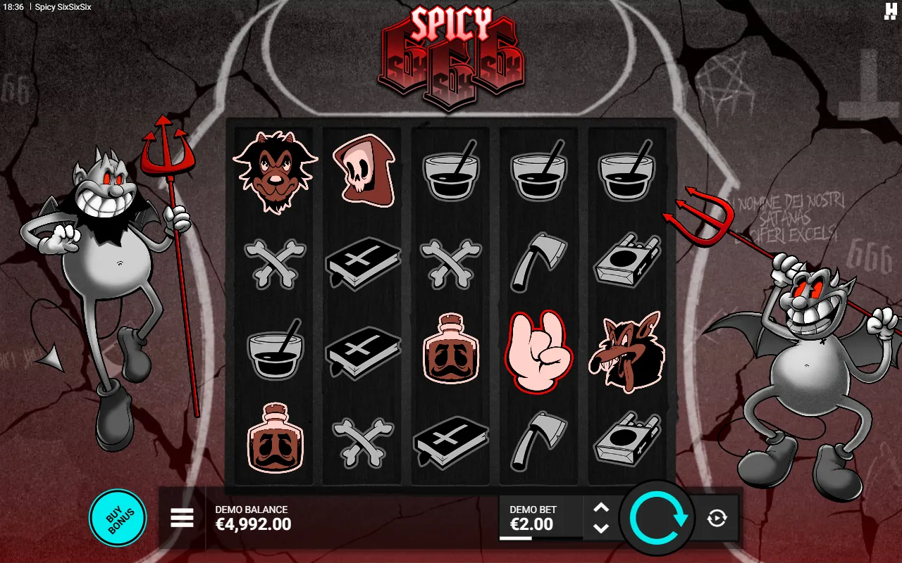 Spicy SixSixSix 5x4 base grid of monochrome cartoon symbols between two devils, no win