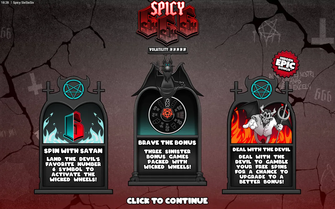 Spicy SixSixSix splash with a five-flame volatility meter and three tombstones explaining Wicked Wheels, bonuses and the devil gamble