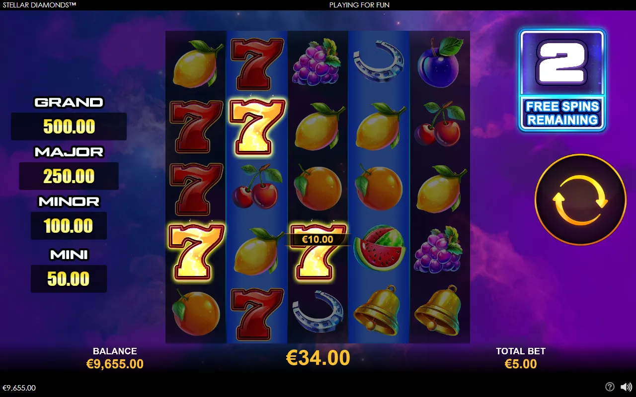Stellar Diamonds free games on the 5x5 grid with two spins remaining and a running total of 34 euros