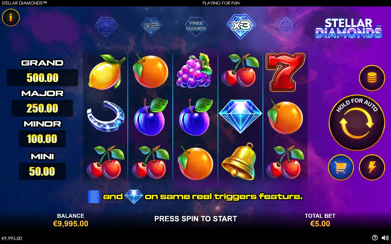 Stellar Diamonds 5x3 fruit grid with a wild diamond in the middle of reel 4 beneath the lit x3 icon, and no multiplier feature triggered