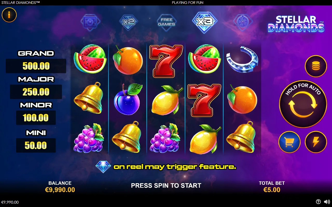 Stellar Diamonds 5x3 fruit grid with no diamonds and no winning line, the four Bonus Prize meters showing 500, 250, 100 and 50 down the left edge