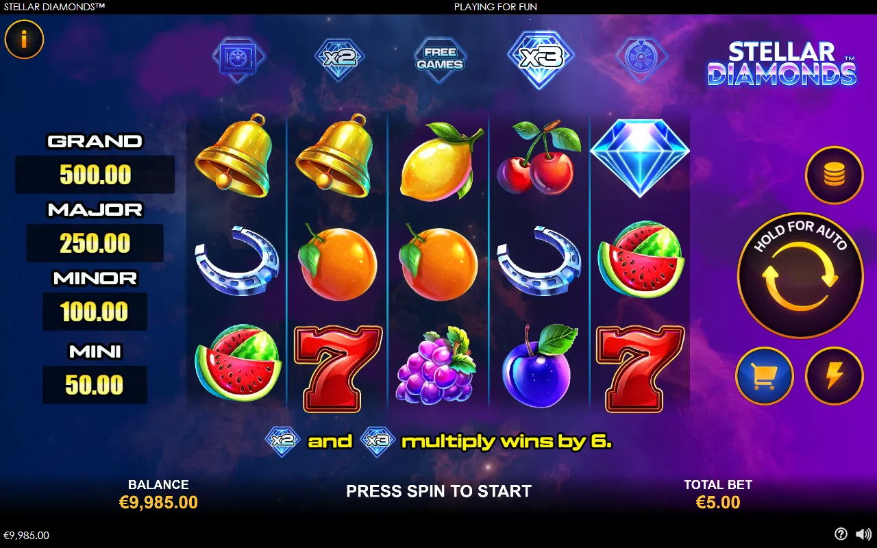 Stellar Diamonds 5x3 fruit grid with a wild diamond at the top of reel 5 under the Prize Wheel icon, and no wheel triggered