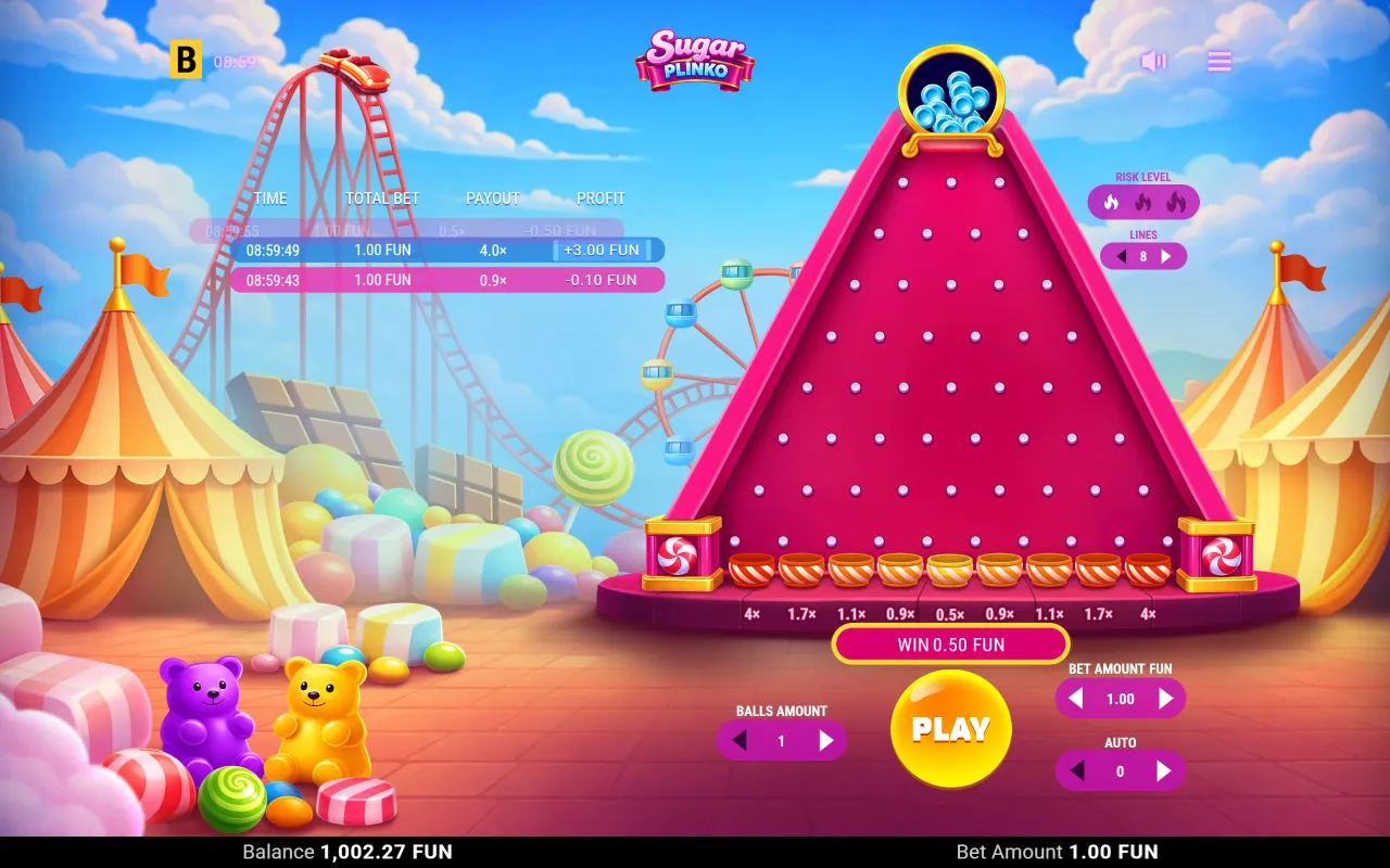 Sugar Plinko board on low risk with 8 pin rows, the nine candy pots labelled from 4x at the edges down to 0.5x in the centre.