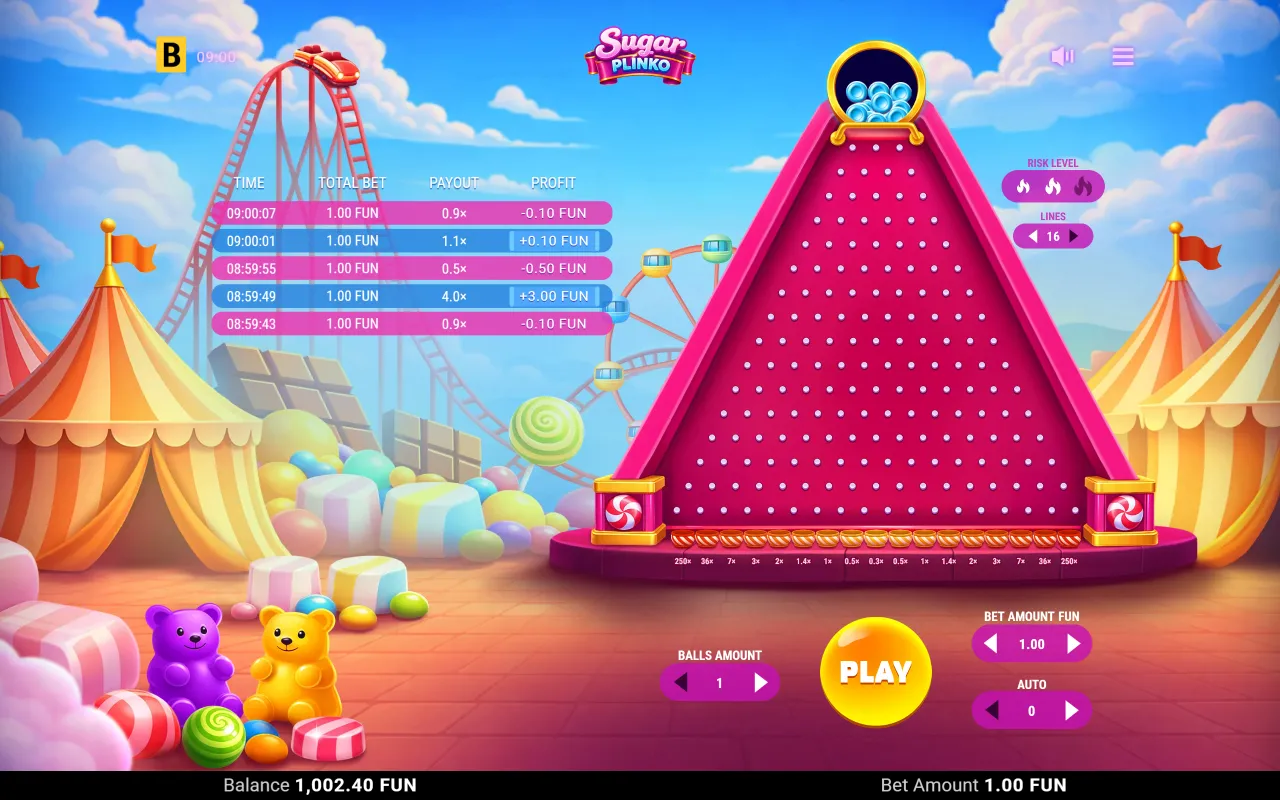 Sugar Plinko bucket row on medium risk with 16 rows, running from 250x at the edges to 0.3x in the centre.