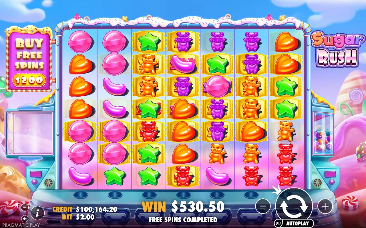 Sugar Rush free spins round finishing with a total win of 530.50