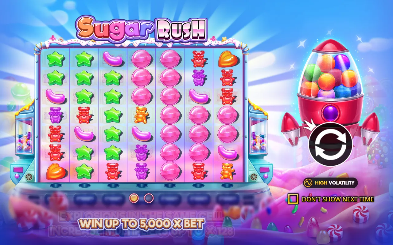 Sugar Rush splash screen showing a 5,000x maximum win and a high volatility rating