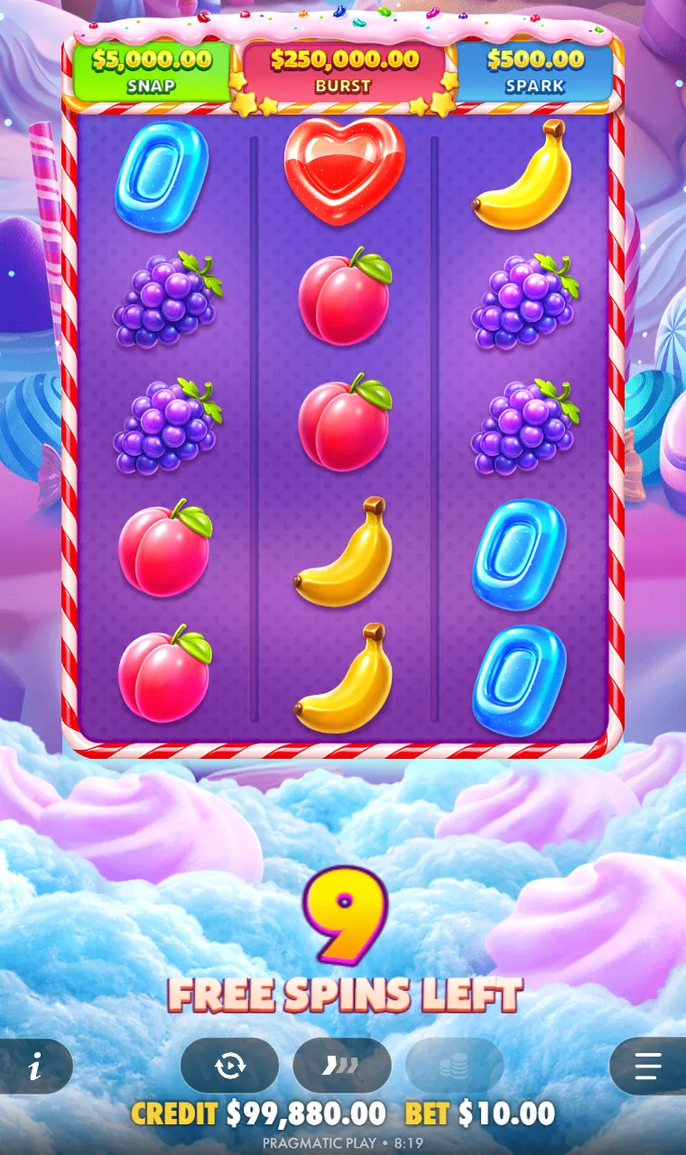 Free spin in Sweet Bonanza POP with no cupcake bomb on the board and nine spins remaining