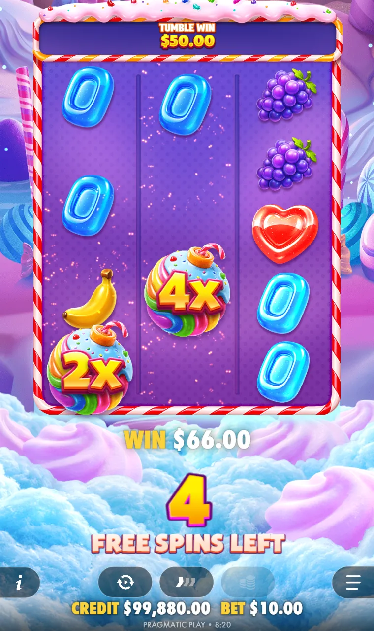 Two cupcake bombs showing 2x and 4x during a paying tumble in the Sweet Bonanza POP free spins