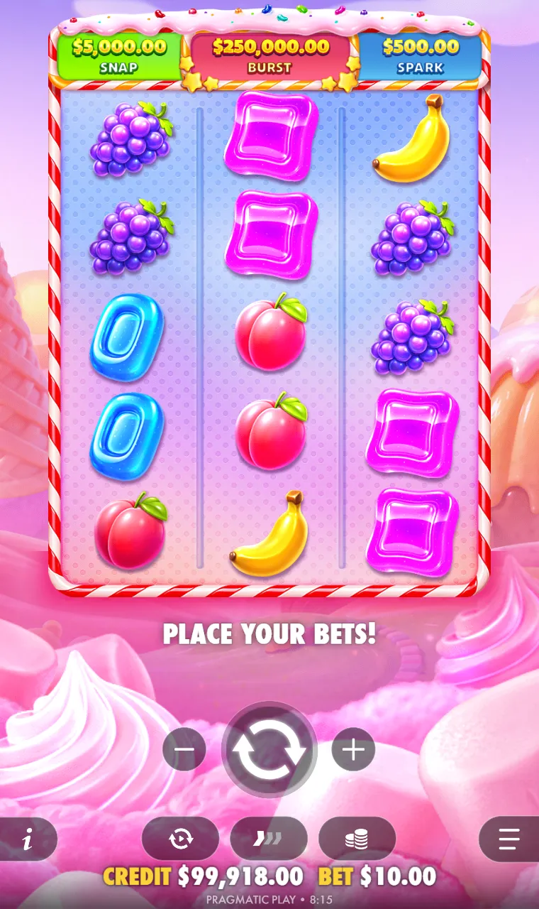 Sweet Bonanza POP base game with no winning cluster under the SPARK, SNAP and BURST prize bar
