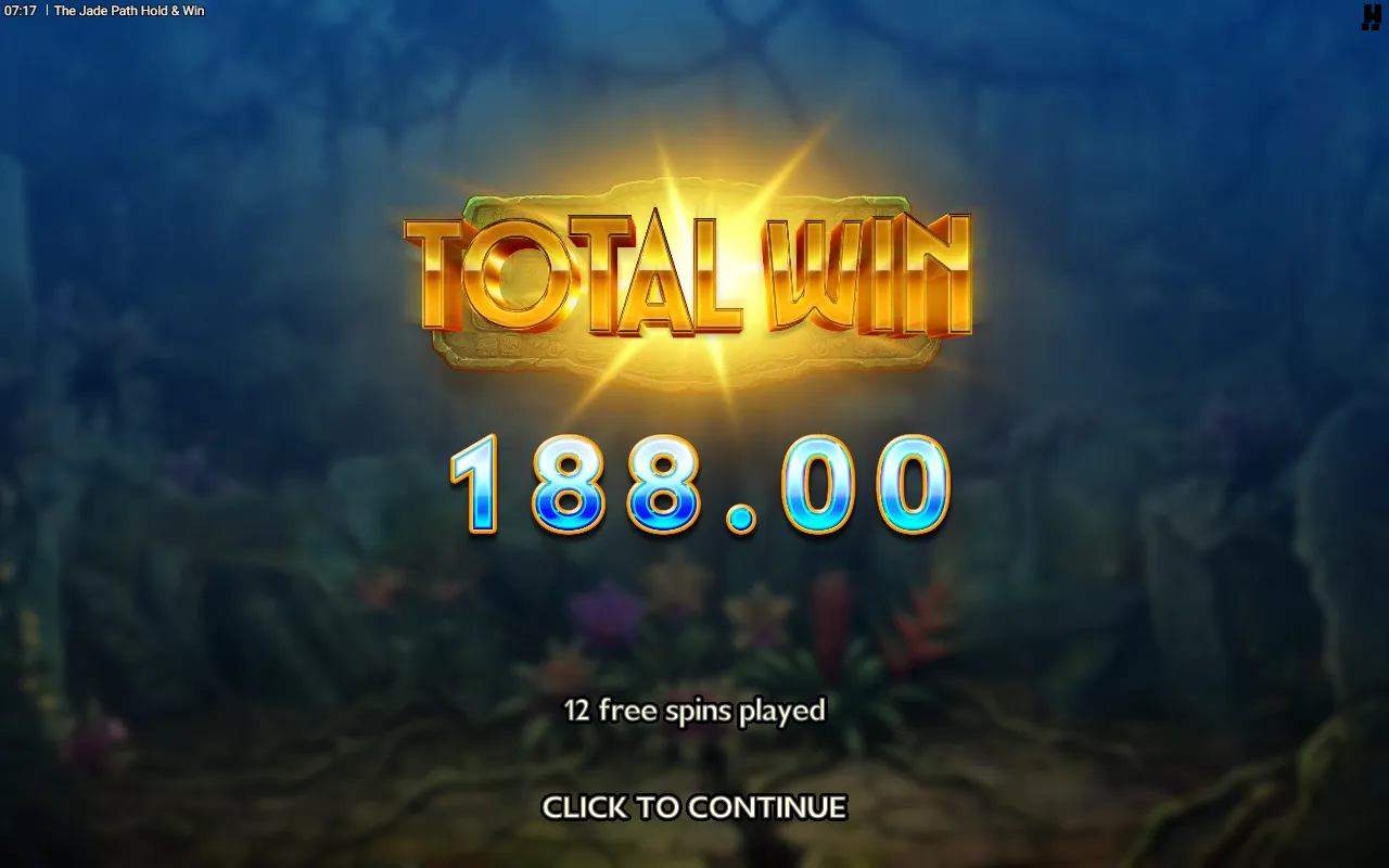 Hold and Win total win card of The Jade Path Hold and Win showing 188.00