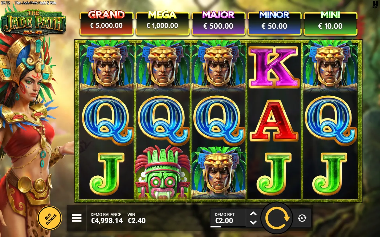The Jade Path Hold and Win base grid of Aztec masks and royals with a small win