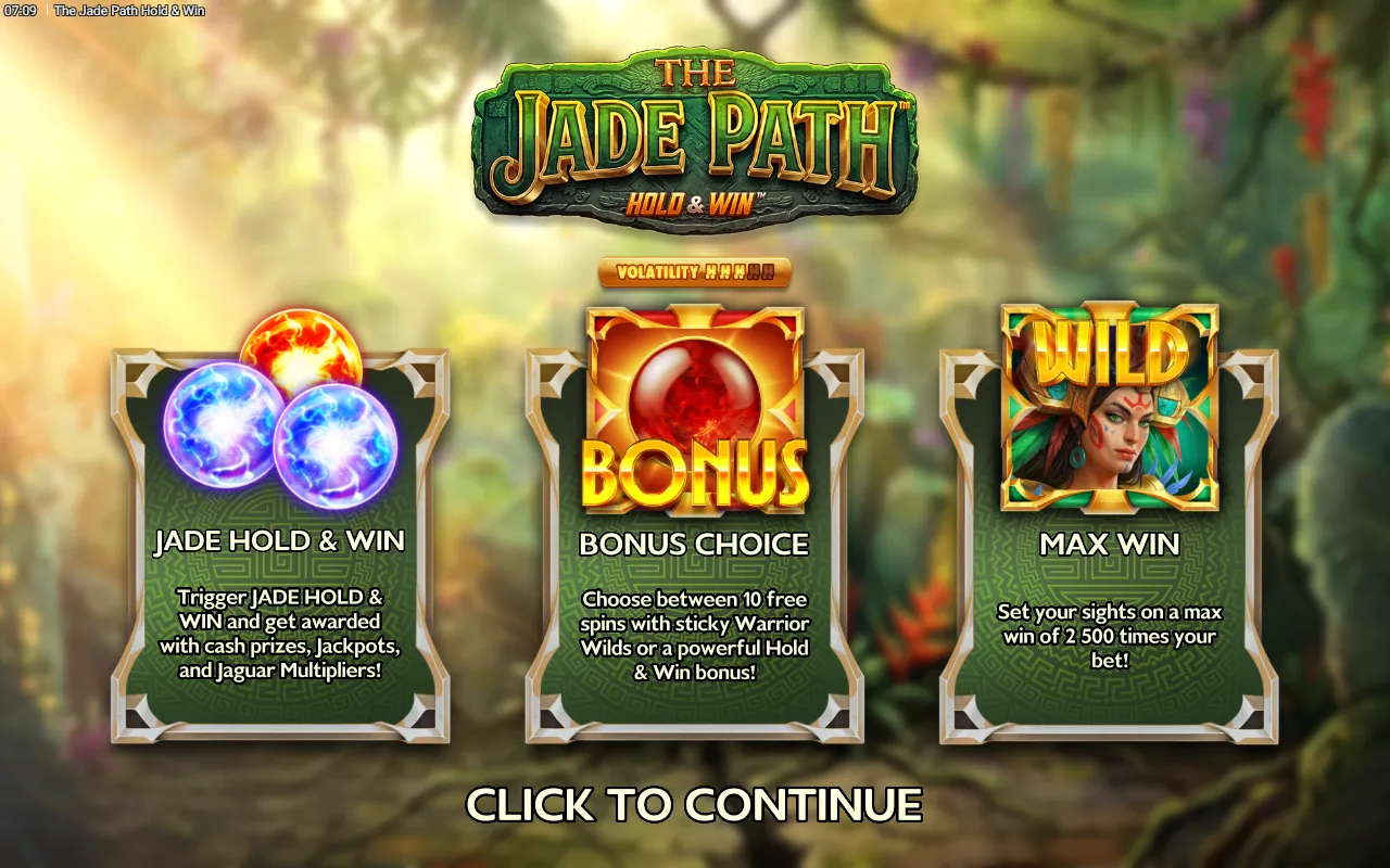 The Jade Path Hold and Win splash screen with three feature cards, volatility meter and 2500x max win claim