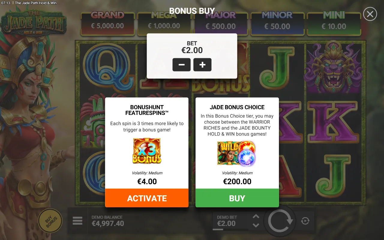 bonus buy menu of The Jade Path Hold and Win with FeatureSpins and a 100x bonus choice purchase