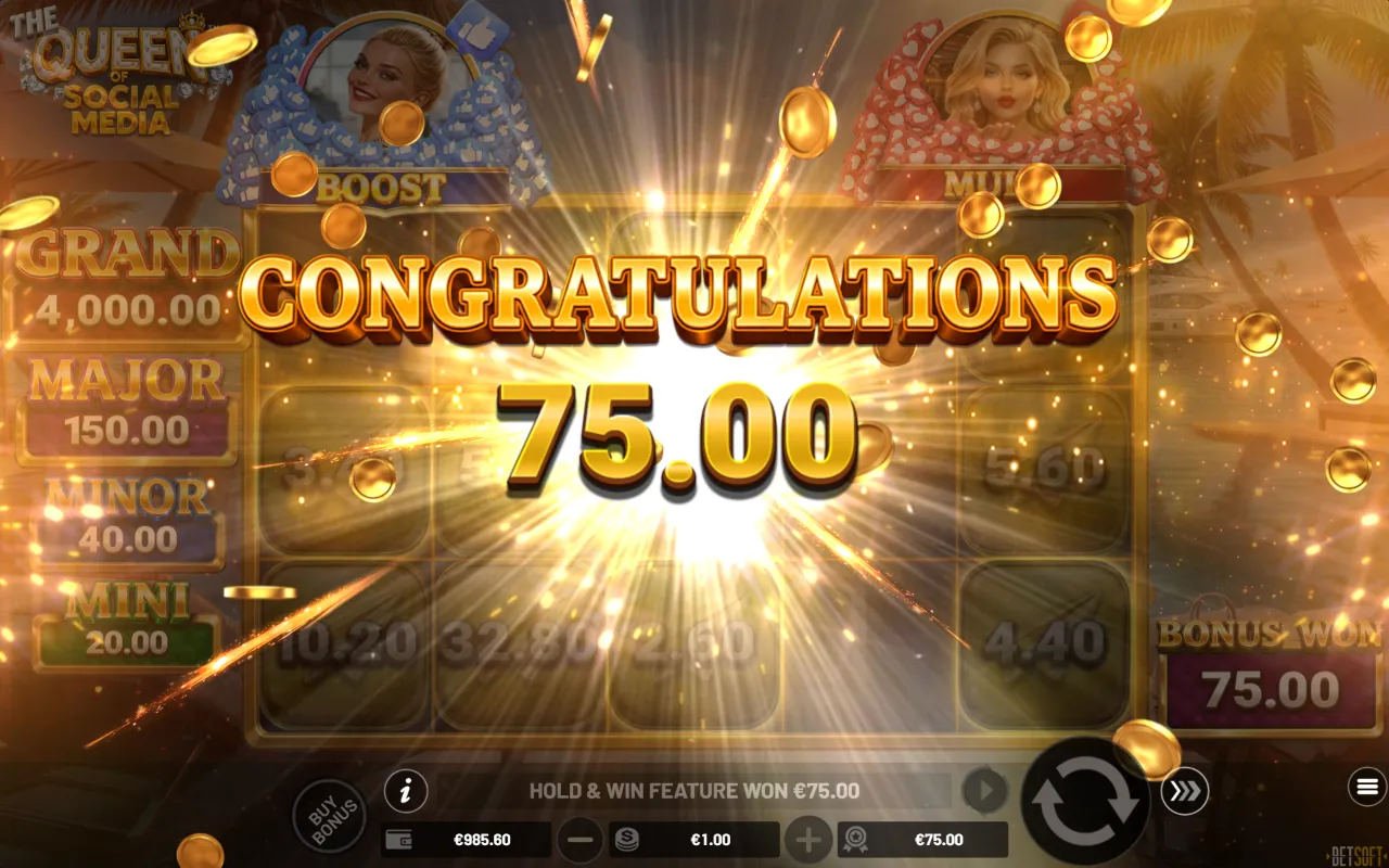 Closing screen of a Hold and Win round in The Queen of Social Media with the locked tiles totalled
