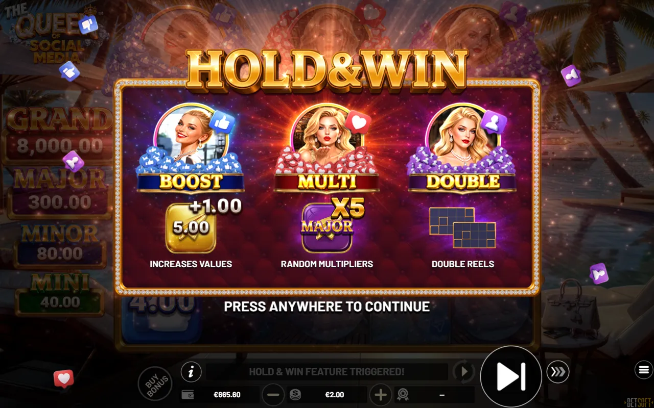 Hold and Win trigger screen in The Queen of Social Media showing BOOST, MULTI and DOUBLE all lit