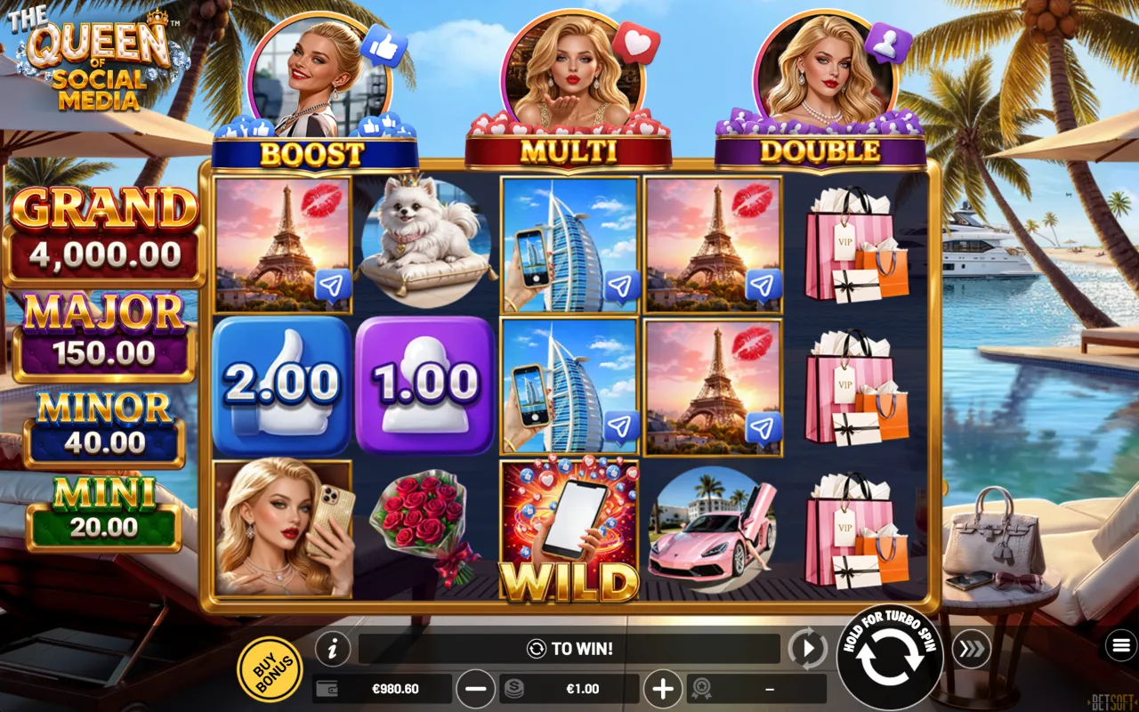 Two valued pot tiles and a wild on The Queen of Social Media reels with no win paid