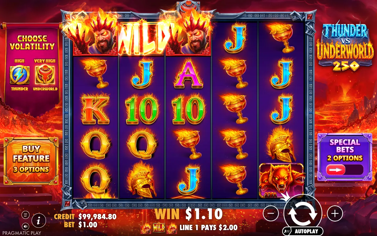 Wild between two Hades symbols on the top row of Thunder vs Underworld 250 with the volatility switch on the left