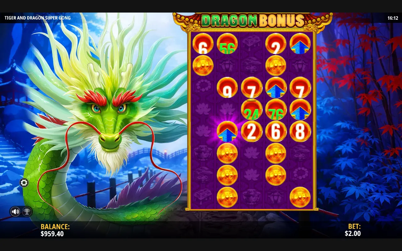 Dragon Bonus board of forty positions with gongs, arrow symbols and several green cluster totals